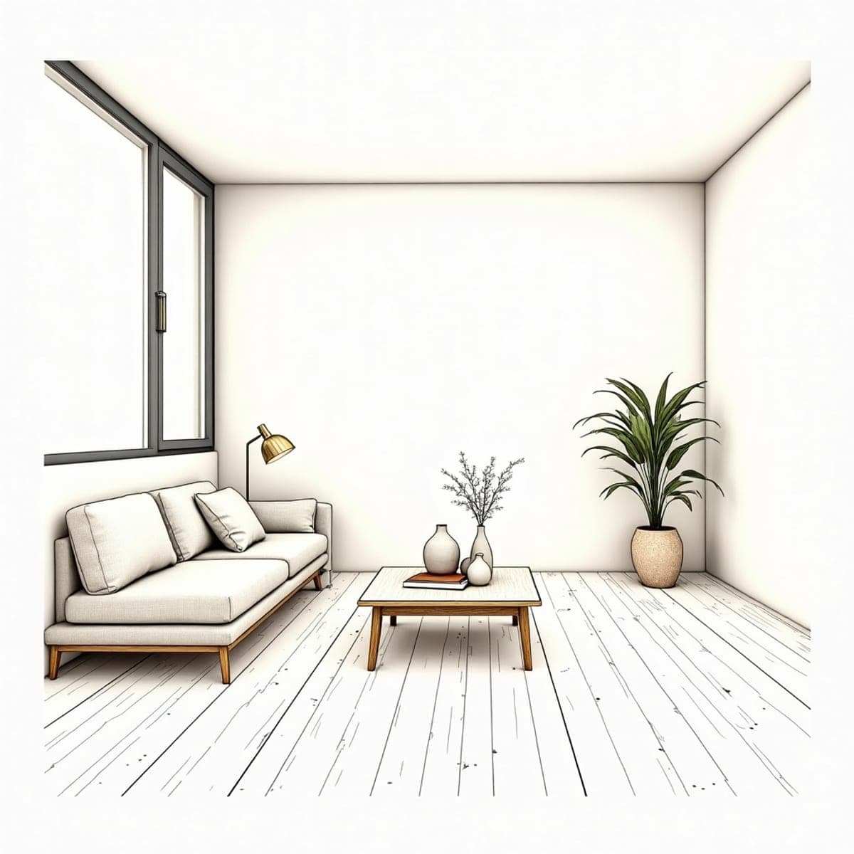 Photoreal render of the same japandi living room, made from the sketch