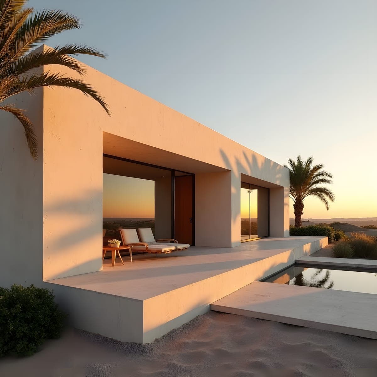 Warm minimalist concrete villa at sunset with palm shadows on the wall