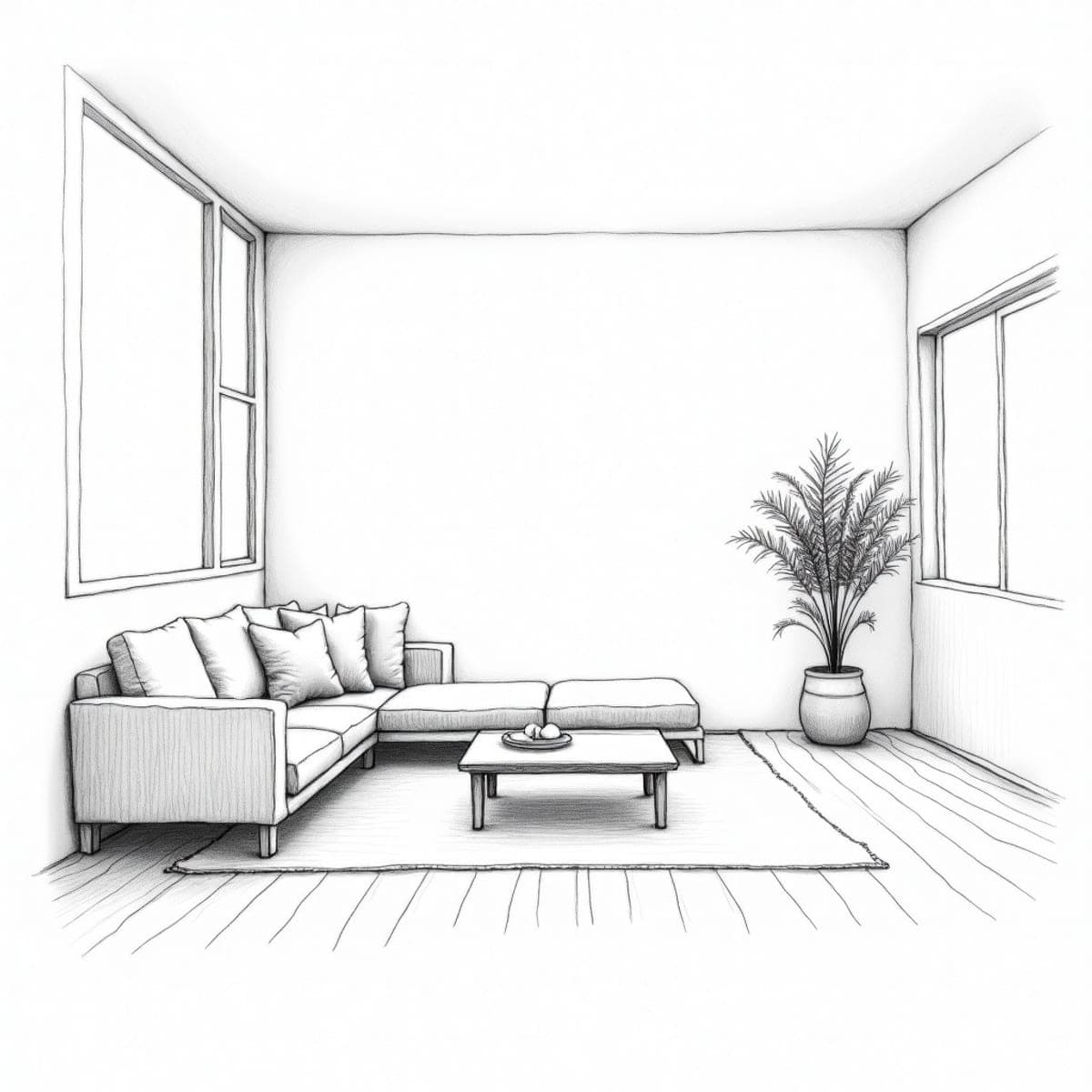 Rough hand-drawn pencil sketch of a japandi living room