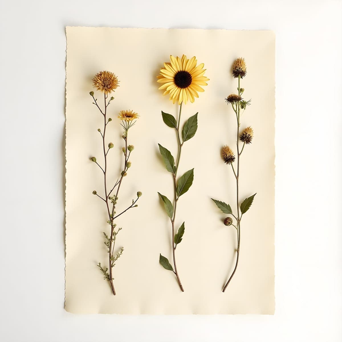 Pressed wildflowers on cream paper in soft natural light