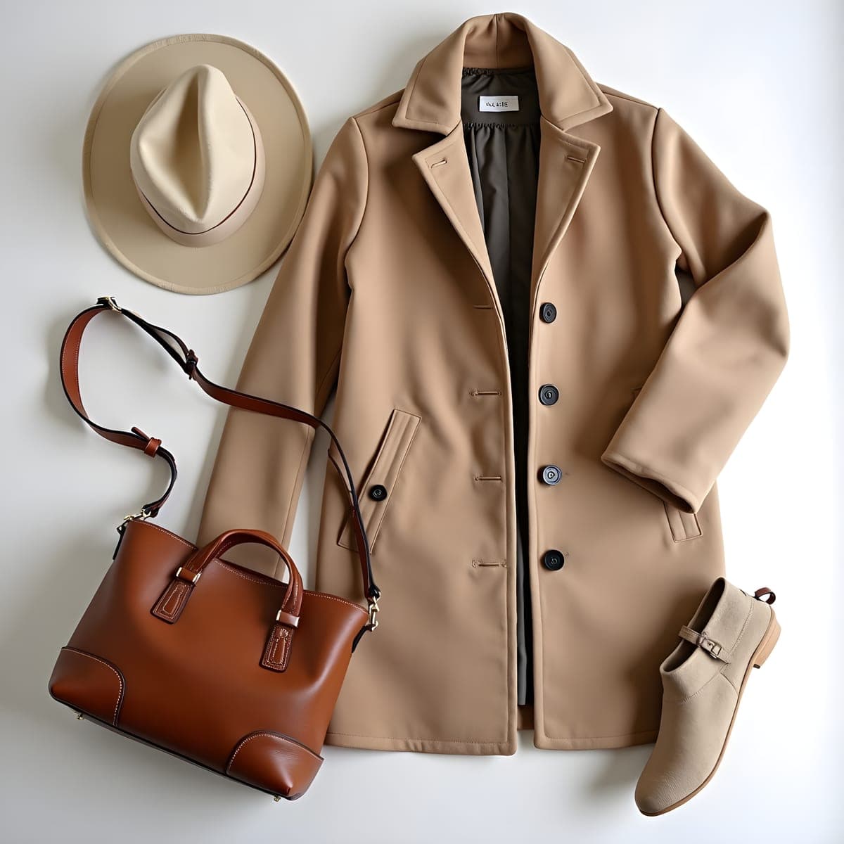 Flat-lay of a neutral autumn outfit with wool coat and leather bag
