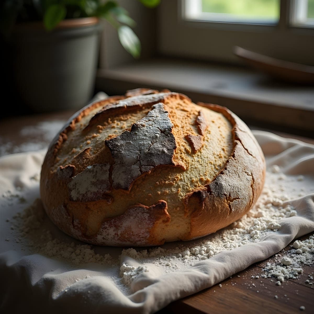 Rustic sourdough loaf on linen with scattered flour in soft window light