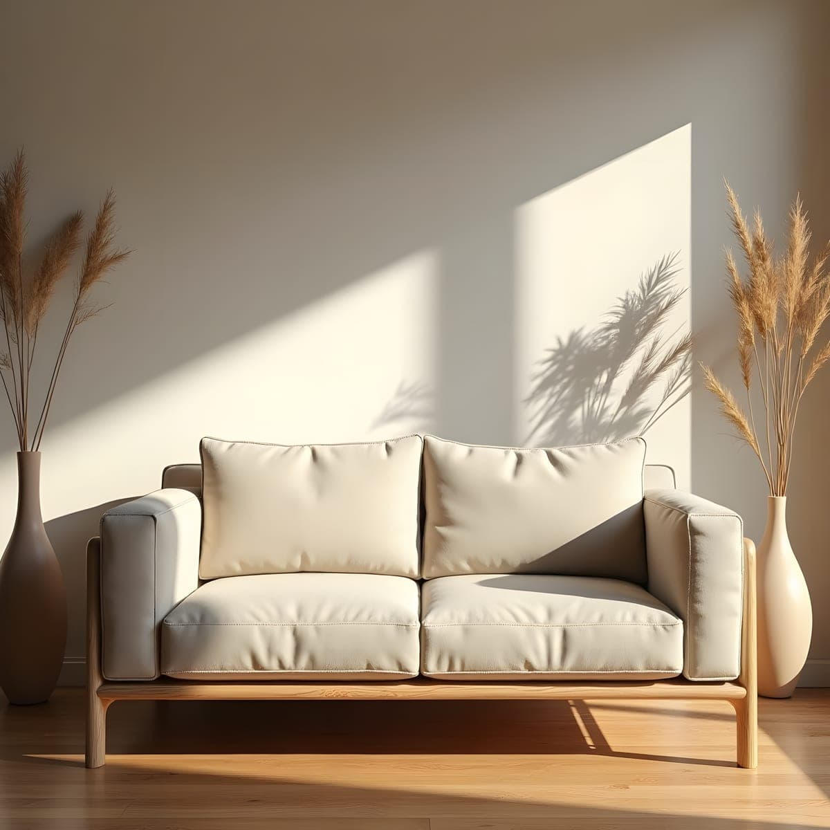 Modern japandi living room in warm afternoon light, linen sofa and oak floors