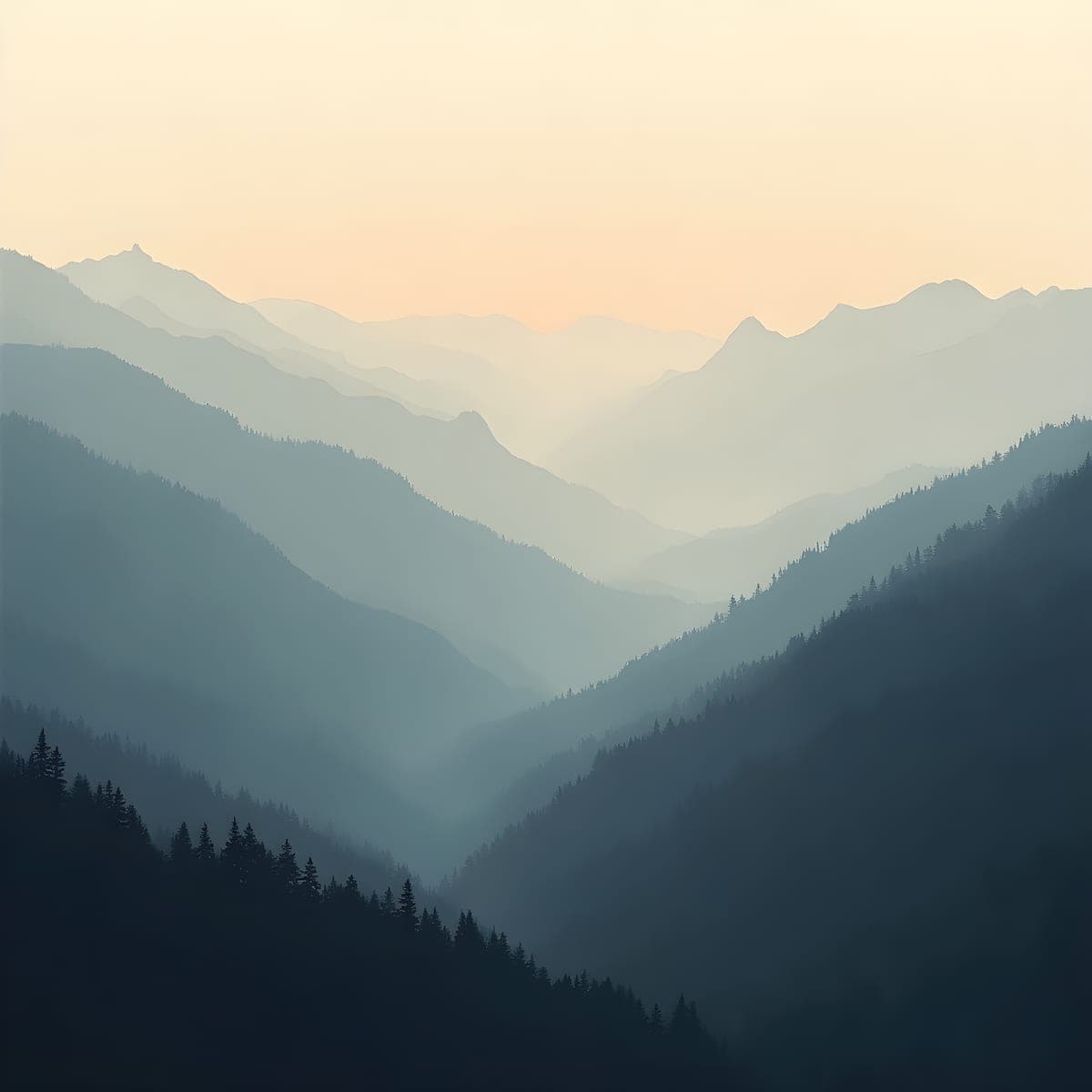 Misty mountain valley at dawn with layered ridgelines