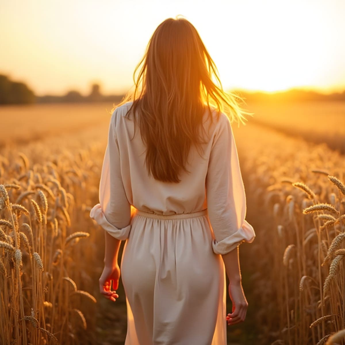 Woman in linen walking through a sunlit wheat field at golden hour