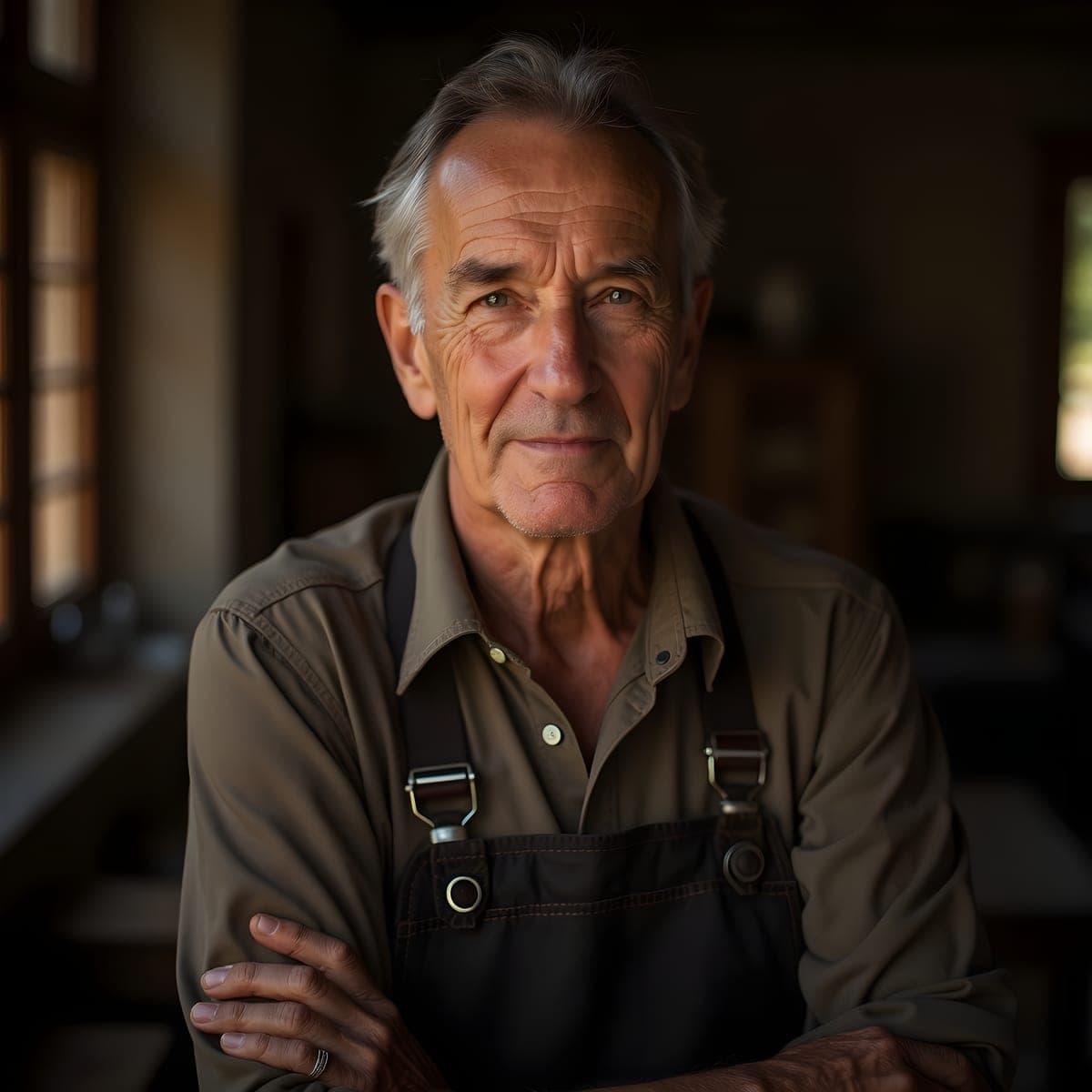 Editorial portrait of an older craftsman in warm window light