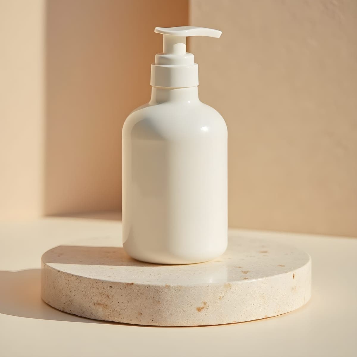 Minimalist skincare bottle on travertine stone in soft studio light