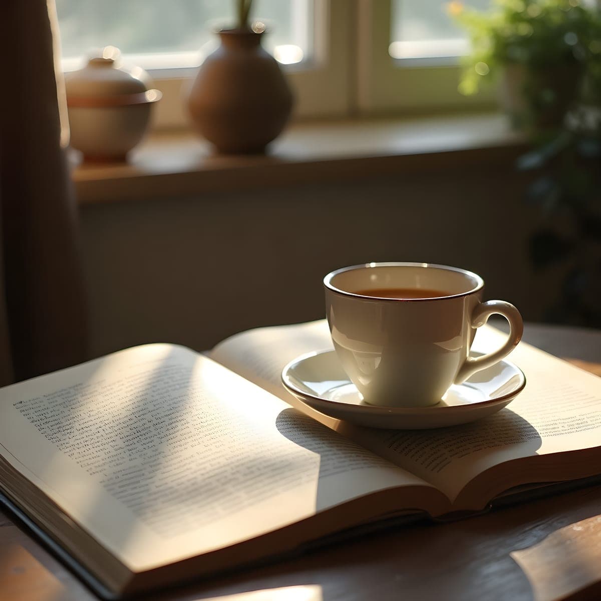 Ceramic coffee cup and open book on a wooden table in morning light