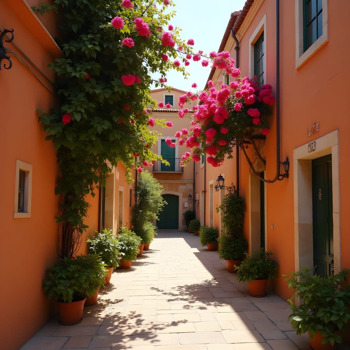 Narrow Mediterranean alley with terracotta walls and climbing bougainvillea